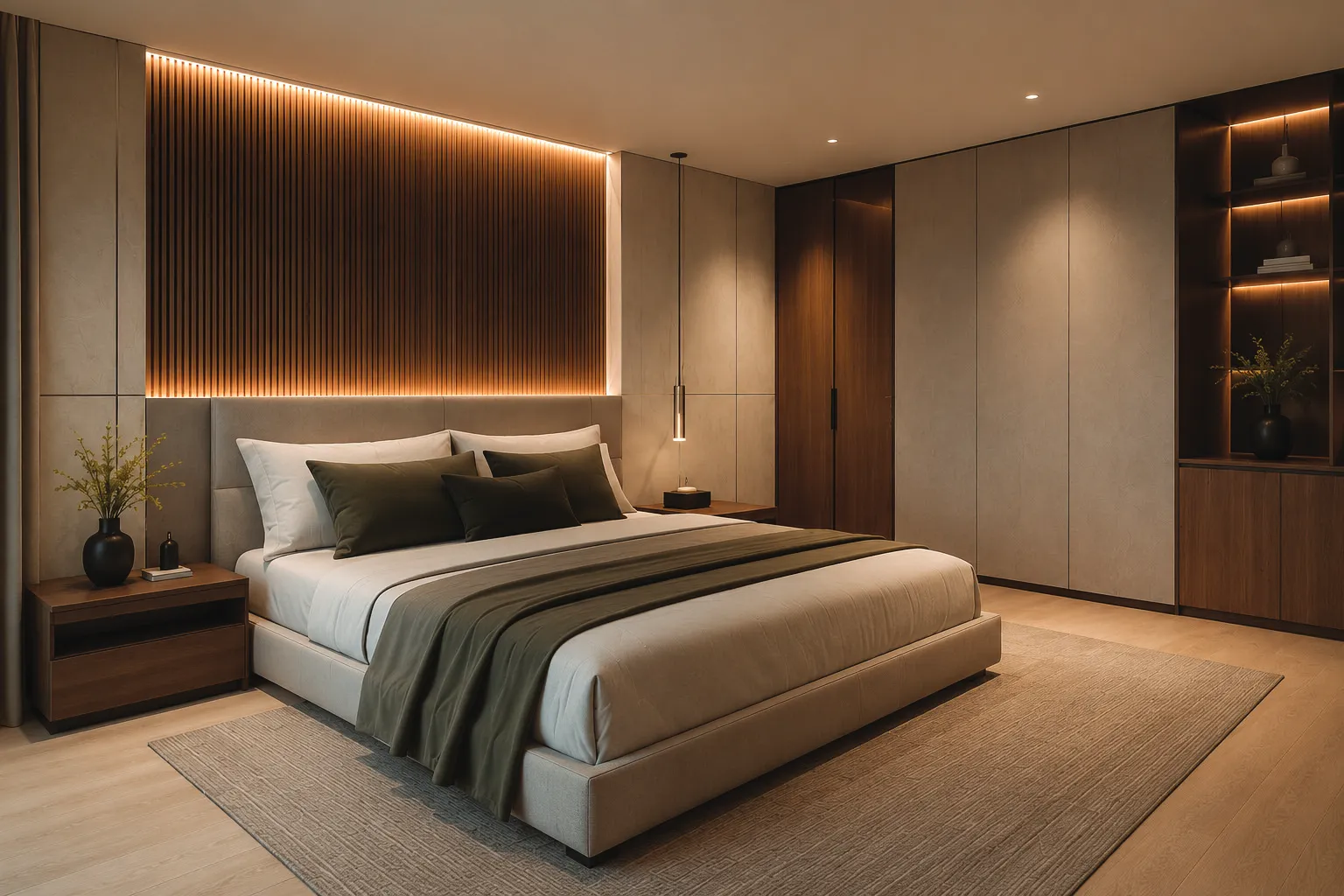 Bedroom with a fluted walnut headboard wall and built-in wardrobe
