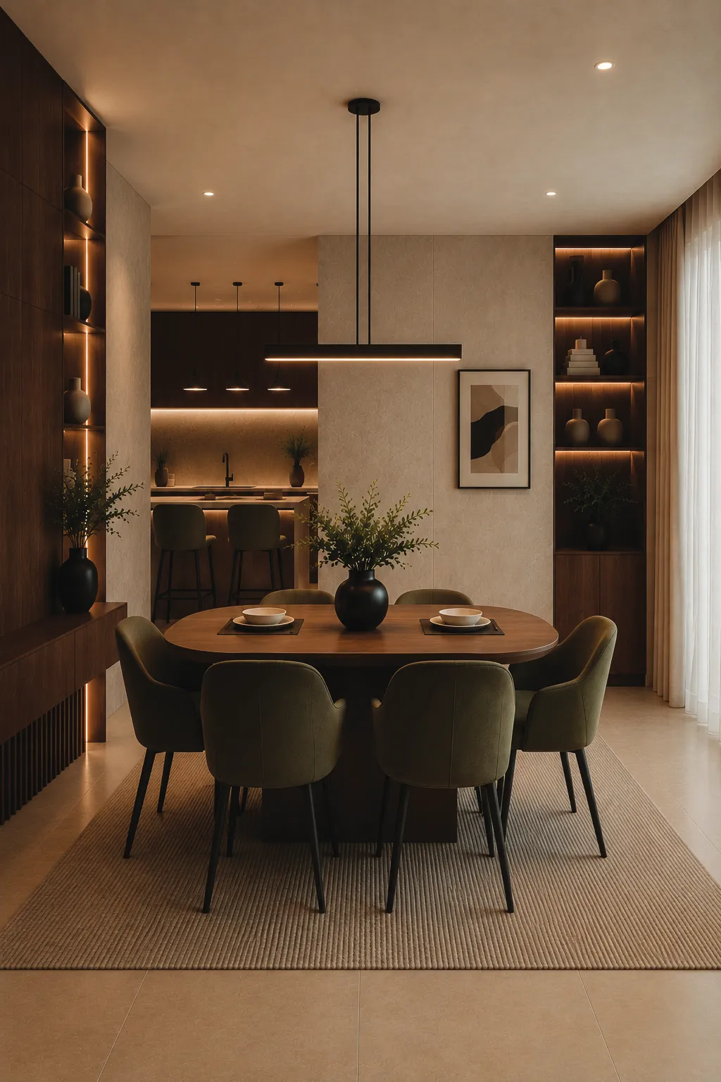 Dining room with a custom table and walnut display shelving