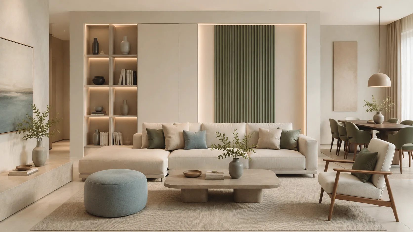 Bright living room with built-in shelving and a green fluted feature wall