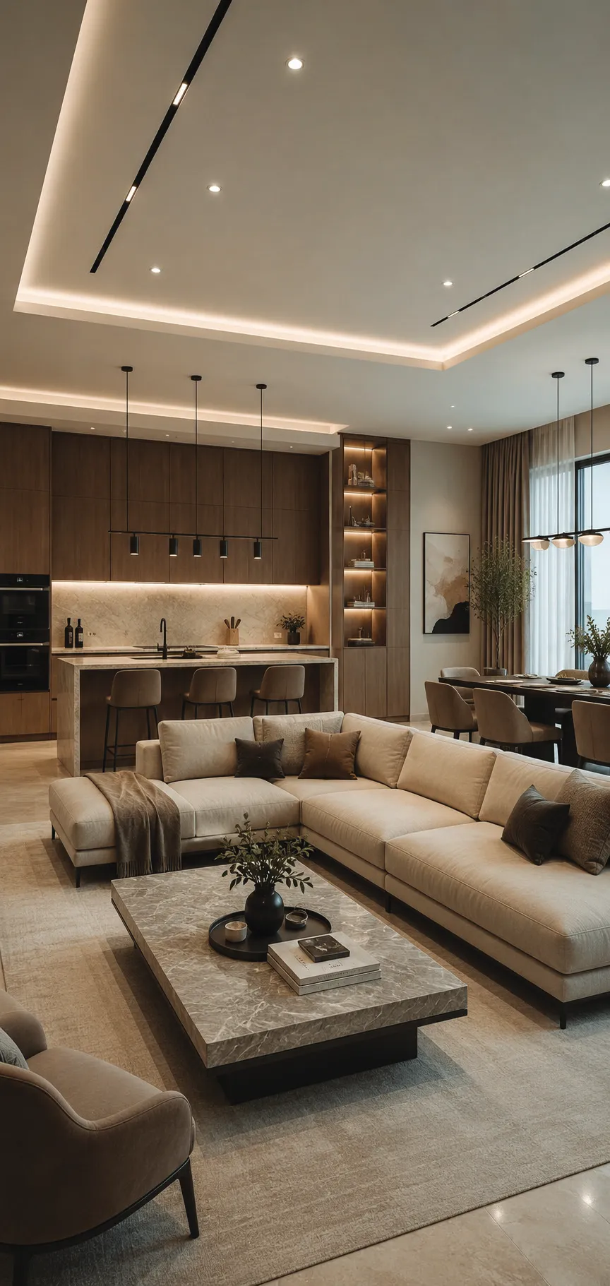 Open living and kitchen space with walnut cabinetry and a sculpted coffee table
