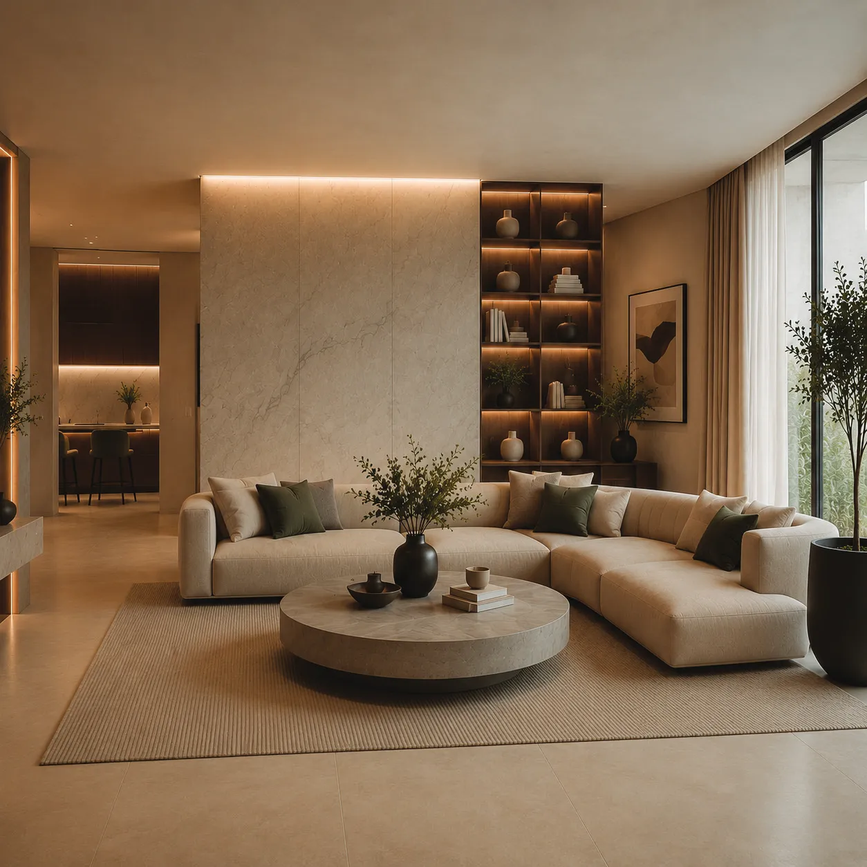 Completed living room with built-in walnut shelving and a round coffee table