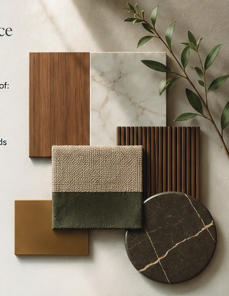 Material samples: walnut veneer, fluted timber, bouclé fabric, green textile and dark marble