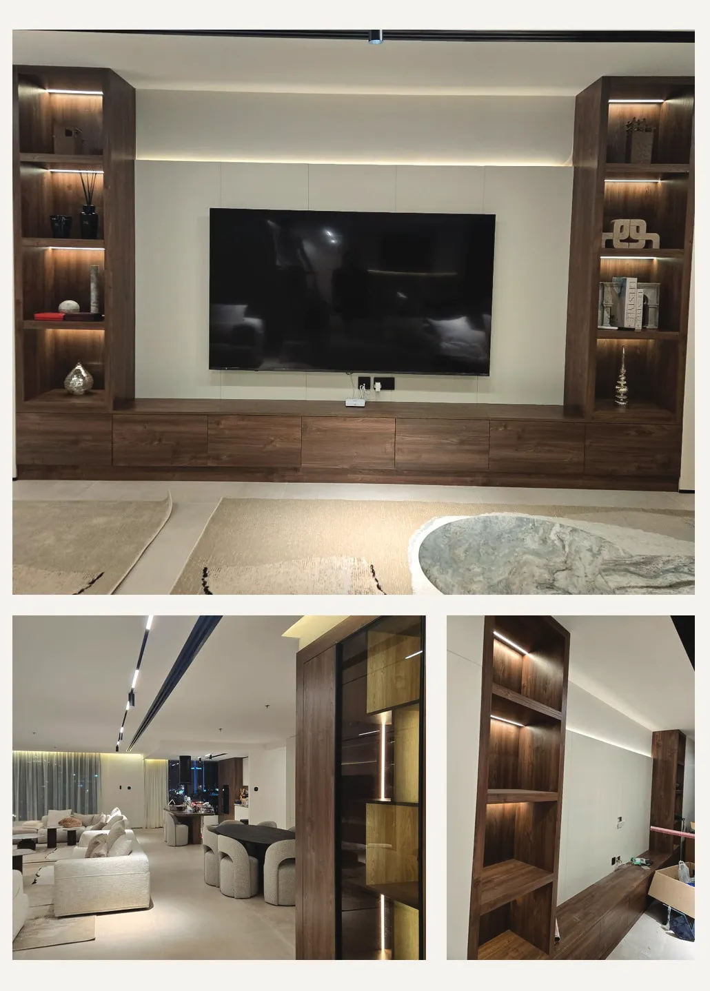 Living space: walnut TV wall with lit niches