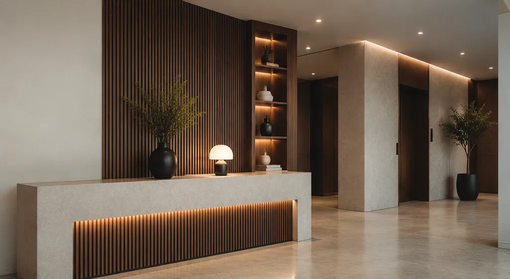 Reception counter with a fluted base and backlit joinery