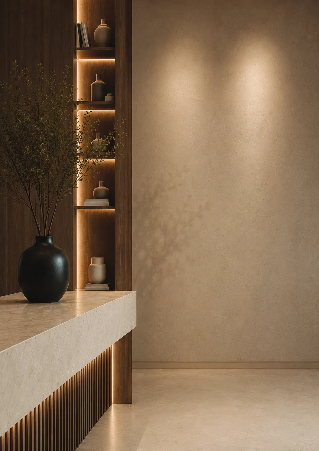 Walnut joinery niche with warm LED shelf lighting and a stone counter