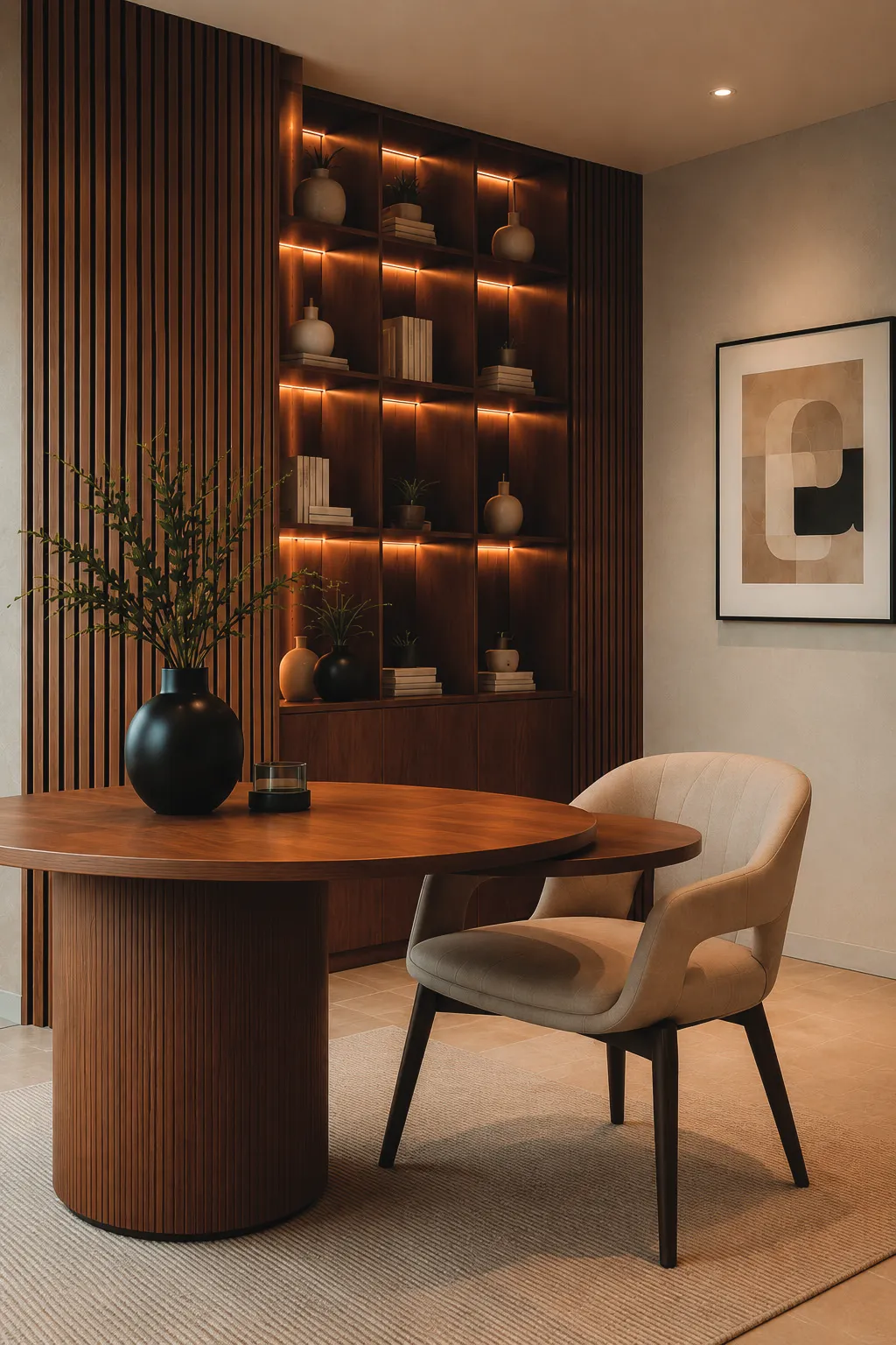 Study nook with a walnut desk and illuminated wall shelving